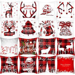 Pillow 2022 Red Christmas Pillowcase 18X18 Inch Decorative Cover Elk Elder Snowman Plaid Letter Printing Case