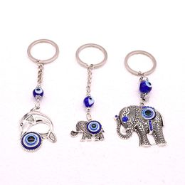 Turkish Blue Eye Elephant Pendant Key rings For Men Women Couple Freindship Keychain Gift Evil Eye Bag Car Accessories Wholesale Jewellery