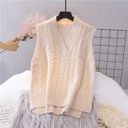 Women's Vests Women Twist Pullover Sweater Autumn Winter Loose Net Black Beige V-neck Waistcoat Korean Ladies Wool Knitted 221109