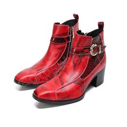 Luxury Fashion High Heels Formal Men Boots Red Genuine Leather Designer Mens Dress Shoes Ankle Boots Party Motorcycle Boots