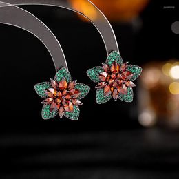 Stud Earrings 3D Big Multicolor Geometric Flower Green Red Cubic Zirconia Pave For Women Luxury CZ Wedding Bridal Jewellery