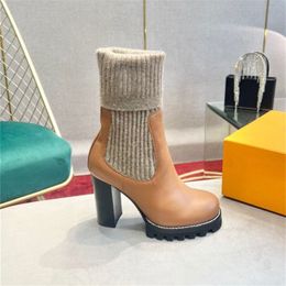 2022 new fashion Knitted Wool Leather Matching Thick Heel Boots High Boots Casual Fashion Boot top quality