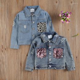 Jackets Infant Kids Baby Girls Jeans Coat Sequin Leopard Ripped Hole Patchwork Spring Autumn Fashion Denim Tops Clothes 1-6Y