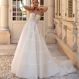 Elegant Prom Dresses A-line V-Neck Strapless Design Sleeveless Backless Applicant Little Beaded Zipper Layered Chapel Gown Custom Made Plus Size Vestidos De Novia