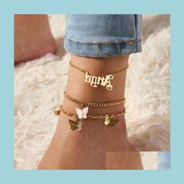 Anklets 3Pcs/Set Butterfly Women Chain Anklet Anklets Bracelets With Words Angel Sexy Barefoot Sandal Beach Foot Chains Bracelet For Dhu0X