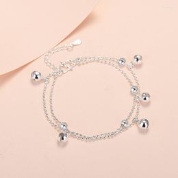 Anklets Women's Bell Anklet Korean-Style Fashion All-Match 925 Silver Plated Double Layer Round Beads Fresh
