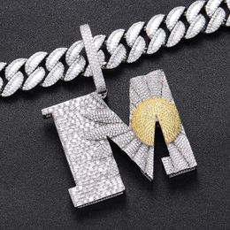 Collana con ciondolo con lettera M grande Hip Hop, zirconi bling 5A, gioielli placcati in oro bianco reale