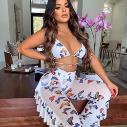 Women's Tracksuits 2022 Summer Beach Style Two Piece Women Party Clubwear Crop Top & Ruffles Mesh Pants Sets Butterfly Print White Blue