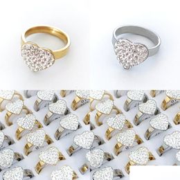 With Side Stones Bk Lots 30Pcs Heart Gemstone Stainless Steel Rhinestone Rings Mix Fashion Shiny Charm Elegant Women Wedding Gifts J Dhgcm