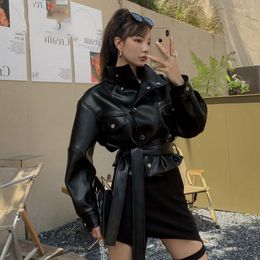 Women's Leather Women's Sheep Jacket Spring And Autumn Motorcycle Black Short Overcoat Belt Slim Fit Genuine 2022