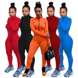 Designer Pleated Jumpsuits Womens Autumn And Winter New Solid Colour Zipper Rompers