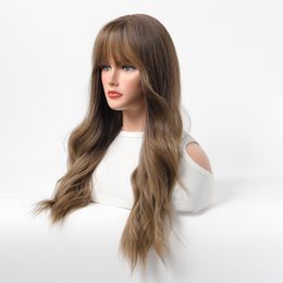 Synthetic Cosplay Wigs With Fluffy Bangs For Woman Daily Wear Four Season Long Natural Wavy Hair Wig Heat Resistant Fibre Wigs