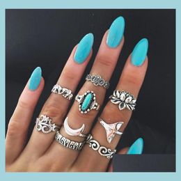 Cluster Rings 9Pieces/Set Joint Ring For Women Wide Index Finger Bohemian Rings Retro Totem Carved Geometric With Elephant Fishtail Dhiar