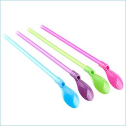 Drinking Straws Sale New 2Pcs/Lot Creative Bar Plastic Sts Spoon Drinking Kitchen Accessories Onepiece Yerba Mate Dual Purpose Drop Dh9Vm