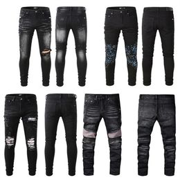 Stretch Holes distressed jeans Designer Jeans Skinny Ripped Destroyed Slim Fit Hip Hop Pants With For Men denim pant biker motorcycle rock revival trousers fashion