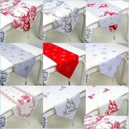 Christmas Decorations Christmas Table Runner 35X200 Cm Red White Elk Snowflake Tablecloth Party Flag Xmas Polyester Decor Drop Deliv Dh2Mf