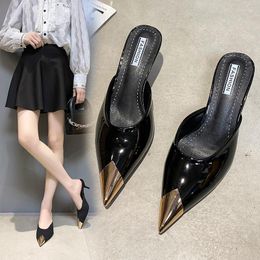 Slippers 5 Cm High Heels Women 2022 Designers Mature Sexy Elegant Suede Patent Leather Pointed Toe Metal Decorations Mules