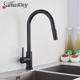 Kitchen Faucets Matte Black Pull Out Sink Single Handle 360 Degree Rotating Mixer Tap 221109