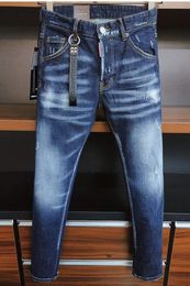 Erkek kot pantolon ve Amerika'nın yeni yıpranmış basit ince delik çok yönlü kolye elastik kot pantolon mavi denim sıkı pantolon