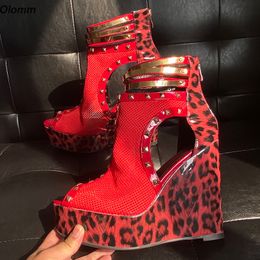 Olomm Handmade Women Platform Sandals Patent Studded Wedges Heels Peep Toe Beautiful Leopard Cosplay Shoes US Plus Size 5-20