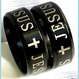 Band Rings Wholesale 36Pcs Black 8Mm Jesus Cross 316L Stainless Steel Rings Christian Enamel Fashion Band Jewelry Finger Ring Drop De Dhnqw