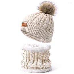 Hats Children Scarf Hat Set With Fake Fur Pompon Winter Warm Soild Colour Pom Bonnet Caps For Girls And Boys