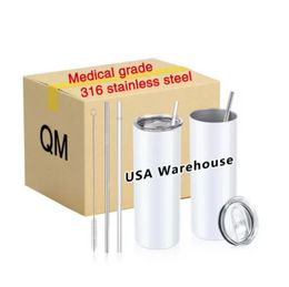 USA Stock Sublimation Blanks White 20oz Mugs Straight Water Bottle Tumblers With Lid Plastic Straw Stainless Steel Vacuum Cups SS1109