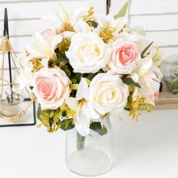 Decorative Flowers Artificial Autumn Roses Fake Plants Luxury Wedding Scene Decoration Lily Bouquets Home Party Supplies Silk Crafts Flower