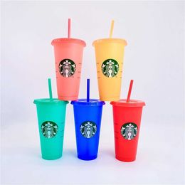 Starbucks Mermaid Goddess 24oz/710ml Tumblers Plastic Cold-Changing Straw Environmental Protection Large Capacity Recycling Colour Changing PA6F