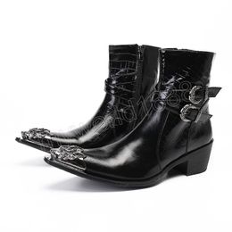 Pointed Toe Short Ankle Boots Men High Heels Buckles Zipper Black Party/Wedding Boots