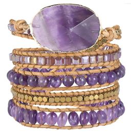 Link Bracelets Bohemian Style Natural Amethyst Braided Bracelet Reiki Healing Crystal Stone Beads Wrap For Men Women Jewellery Fashion