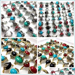With Side Stones Wholesale 50Pcs Sier Gold Women Rheinstone Turquoise Stone Rings Ring Lady Girls Mens Resale Bague Jewelry Drop Deli Dhwin