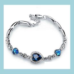 Charm Bracelets Ocean Blue Bracelets Sliver Plated Crystal Rhinestone Heart Charm Bracelet Bangle Gift Jewelry Drop Delivery Dhw0G