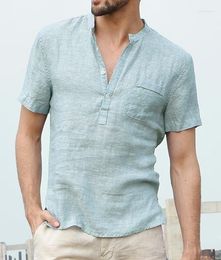 Men's Polos T-shirt Collar Buckled Half-open Oversized Cotton Linen Short-sleeved Shirt Korean Fashion Men Clothing 2022