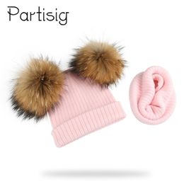 Шляпы шляпы Beanieskull Winter Kids Natural Raccoon Fur Double Pompon State и шарф для девочек с подлинными аксессуарами для детских блюд 221107