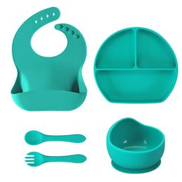 Silicone baby feeding set weaning supplies for babies with bibs self feeding suction cups bowls forks and spoons