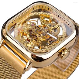 Wristwatches Gold Skeleton Watches Men's Automatic Mechanical Watch Luminous Mesh Strap