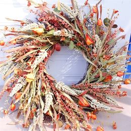 Decorative Flowers Wreaths 24 Inch Fall Front Door Grain Harvest Gold Wheat Ears Circle Garland Autumn for 221109