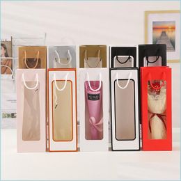 Gift Wrap Wine Kraft Paper Gift Package Bag With Clear Window Portable Flowers Wedding Favours Wrap Packaging Bags Drop Delivery Home Dh0Lm