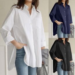 Women's Blouses White Collar Shirt Women Plus Size Solid Pocket Loose Blouse Casual Button Long Sleeve Shirts Blusas Cotton And Linen