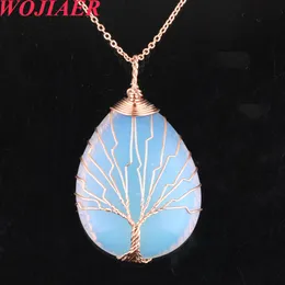 Natural Water Drop Beads Wrap Wire Stone Necklace Healing Crystal Quartz Lapis Tiger Eye Tree of Life Chain Pendant BO901