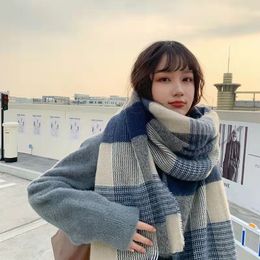 Scarves Winter Scarf Women Fashion Blue Plaid Long Tassel Warm British Style Thicken Knitted Luxury Brand 221108