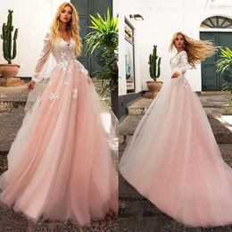 Pink Wedding Dress Long Sleeve Appliques Lace Wedding Gown Custom Made Boheimian A-Line V-Neck Bridal Gowns
