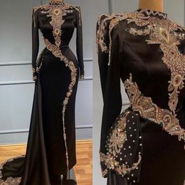 2023 Designer Black High Neck Mermaid Evening Dresses Long Sleeves Crystals Beaded Satin Ruffles Plus Size Pleats Prom Gown Formal Wear Custom Made Vestidos