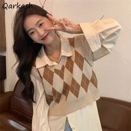 Women's Vests Argyle Sweater Women Fashion Sweet Sleeveless V-neck Knit Tops All-match Leisure Retro Streetwear Girls Chic Ulzzang Ins 221109