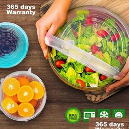 Food Storage Organization Sets 6Pcs Adaptable Lid Sile Er Food Caps Elastic Stratchy Fresh Microwave Lids Stretch For Kitchen Acce Dhv6P