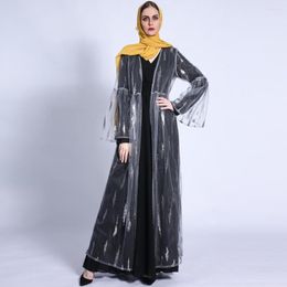 Ethnic Clothing Summer F;are Sleeve Transparent Lace Open Abaya Kimono Arab For Party Dubai Muslim Women Fashion Clothes Sequin Gown Dress