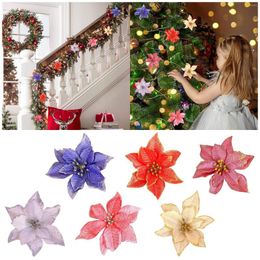 Christmas Decorations 10pcs Glitter Artificial Flowers Xmas Tree Decor For Home Party 2022 Navidad Year Ornaments Gift