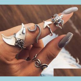 Cluster Rings 5Pcs/Set Vintage Rings For Women Boho Geometric Sier Turtle Whale Tail Waves Ring Set Knuckle Finger Charm Drop Delive Dhpw3