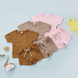 Clothing Sets 2 Pieces Kids Suit Set Solid Color Round Neck Short Sleeve T-Shirt Shorts With Pockets For Girls Boys 6 Months-4 Years